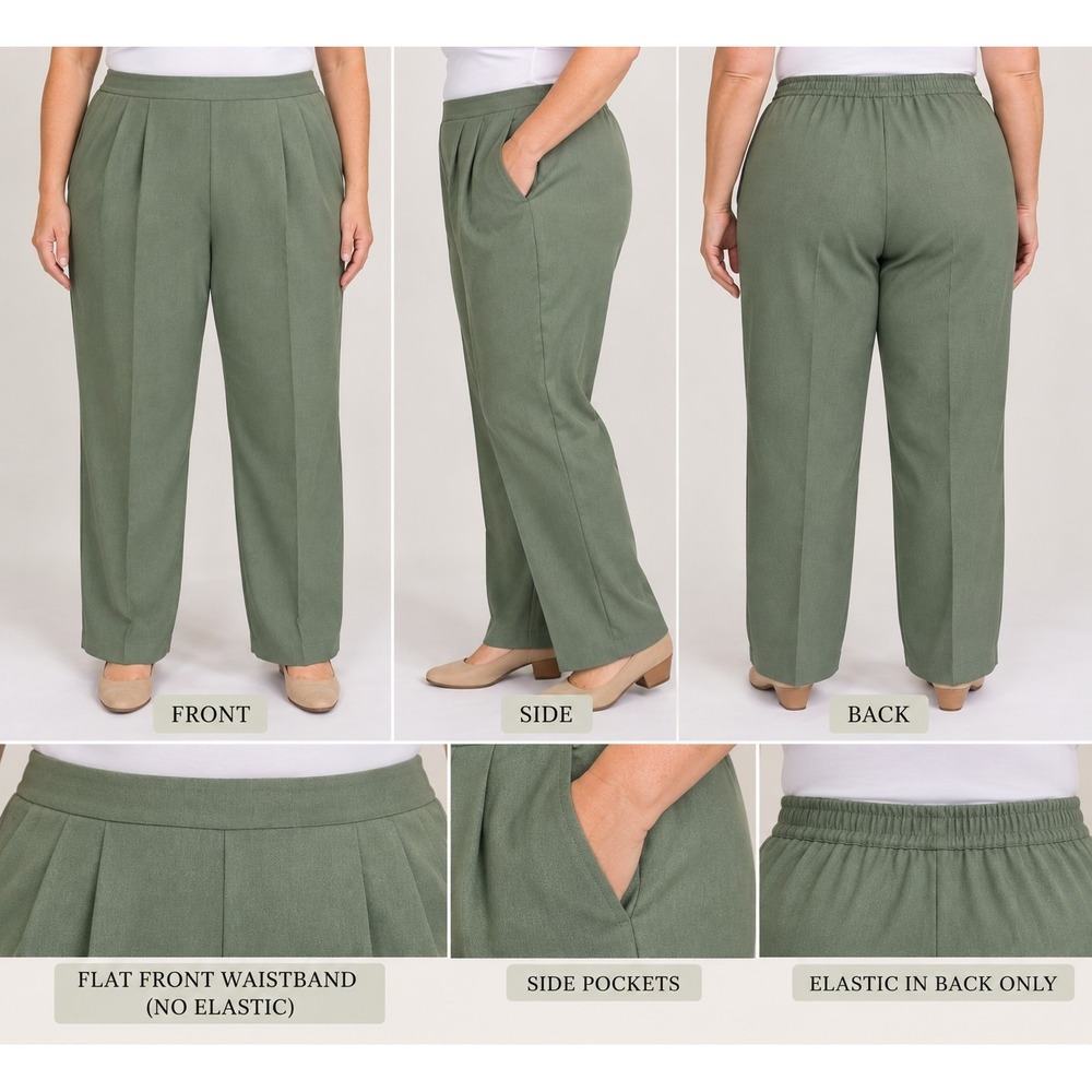 Alfred Dunner Women's 20W Sage Green Pleated Pull On Pants Straight Leg Pockets